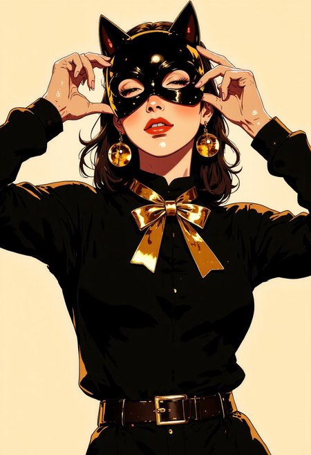 A close-up, half-body portrait of a woman with a serene expression, her eyes gently closed. She wears a sleek, form-fitting black long-sleeved shirt that hugs her upper body, paired with a tight black mini skirt and leggings that showcase her figure. The outfit's all-black palette creates a striking canvas for her golden accessories.
In her hands, she holds a glossy black catwoman mask with distinctive pointed ears, positioned next to her head as if she's just removed it from her face. Her fingers delicately grasp the edges of the mask, showing off her perfectly manicured nails. With the mask removed, her full face is now revealed – smooth skin, defined features, and closed eyes suggesting a moment of peaceful vulnerability or contemplation.
Around her neck gleams a shiny golden bowtie that catches the light brilliantly, complemented by a thick golden belt cinched at her waist and large golden bell earrings that frame her face. The contrast between the matte black of her clothing and the reflective gold of her accessories creates a luxurious, high-fashion aesthetic.
The background is simple and unobtrusive, ensuring all focus remains on her face and the dramatic interplay between the black outfit and golden accents.