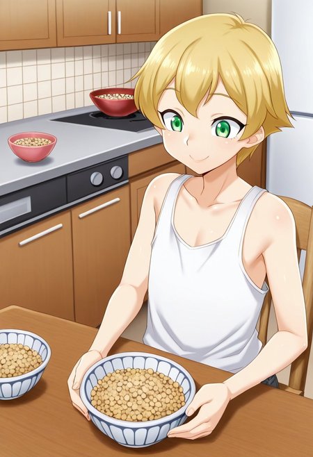 M43d44r0y0,  
1boy, femboy, blonde hair, short hair, green eyes, flat chest, loose white tanktop, seated, wood chair, wood table, kitchen, indoors, bowl, cereal, smile