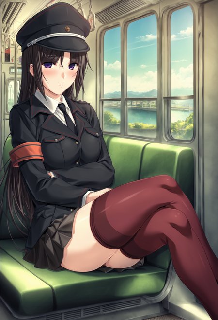 score_9, score_8_up, score_7_up, score_6_up, score_5_up, score_4_up, game cg
BREAK
rin_olis, 1girl, solo, black hair, long hair, purple eyes, peaked cap, black suit, armband, pleated skirt, red thighhighs, looking at viewer, blush, crossed legs
BREAK
train interior, window, scenery, day, blue sky
<lora:rin_SaishuuChikanDensha_sdxl_v1:1>