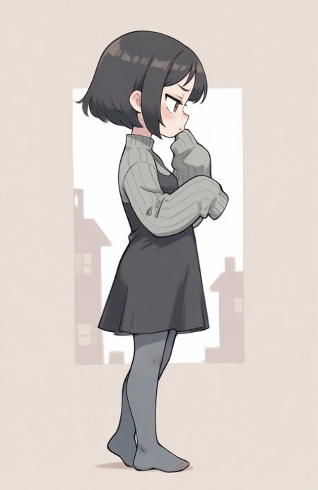 1girl, solo, <lora:qtkat:0.9> qtkat, traditional media, watercolor \(medium\), 
<lora:ffgarnet-illu-nvwls-v1_1:0.5> ffixgarnet, black hair, brown eyes, short hair, grey knit sweater, sleeves past fingers, long sleeves, black dress, ribbed dress, grey pantyhose, no shoes, standing, profile view, alluring silhouette, gentle pout, provocative gaze, extremely detailed, highres, masterpiece, best quality