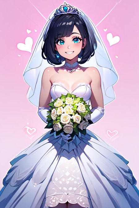 score_9, score_8_up, score_8, medium breasts, (curvy), cute, eyelashes,       BREAK, , zzSelene, 1girl, solo, black hair,  <lora:SelenePDXL:0.7>, , BREAK, smile, looking at viewer,  bride, wedding dress, bridal veil, strapless dress, elbow gloves,  holding bouquet,  hearts, white outline, cowboy shot, embedding:zPDXL, Expressiveh,  <lora:Vivid:0.7>,  <lora:LFashionPDXL:1>,  <lora:Uncensored_PonyXL_cpt_v02.09:0.4>,  <lora:Expressive_H-000001:0.4>,