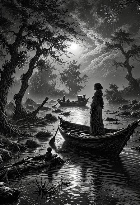 <lora:dAIversity-LoRAtest-Photoreal-XL-01:0.65>
linquivera,  Ink illustration, (anime:0.5), brown tones, aged black red paper, inkpunk, moonlight,surreal, a ghost standing on a boat in swampy wetlands, (at a distance), Will-o'-the-wisp, moonlit, lonely, solitude, windy, tall trees, willows, willowy,  OverallDetail, extremely detailed, UHD,(long exposure , dystopian but extremely beautiful:1.4),
   <lora:SketchStyle:0.8> Jedsk5tch, sketch, black and white <lora:WildcardX-XL-Detail-Enhancer:1.5> <lora:Treeroots_0_90_multi2_Handprocessed_V2:0.6> PG-TR