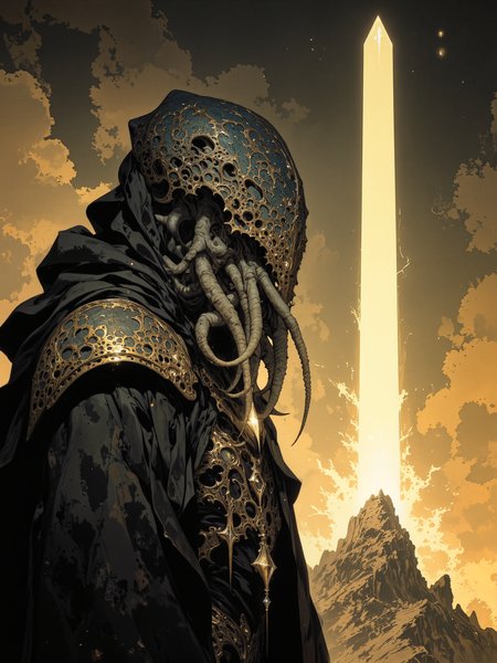 famous artwork, masterwork sci-fi painting, highly aesthetic, high resolution, hyper-realistic, ultra detailed, uhd, 8k, 4k, epic, dramatic, accurate, dutch angle, diagonal composition, at night, dim lighting, as our crowns begin to rust, karmic debt that burns to dust, incinerate our beings as you must, when will you come? where will we be? when will you come for me? as saturn's coming down, silhouette of a hooded figure, sinister glow, tentacled horror, hazy night, distorted reality, shimmering obelisk, high contrast, color contrast, lovecraftian, cthulhu mythos, ovg, in the style of ckpf, amanoer,  <lora:style-painterly_fantasy-flux-by_chronoknight:0.76> <lora:style-retro_anime-flux-by_lizardman245:0.36> <lora:style-yoshitaka_amano-elden_ring-flux-by_alicient:0.52>