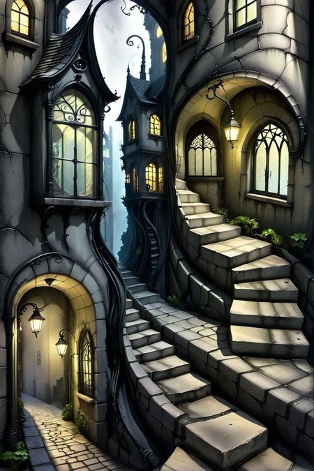 Creeping Shadows on Cobblestone Streets - Gothic Fae (fairy), A narrow, winding street paved with cracked cobblestones, flanked by distorted gothic buildings with elongated windows and twisted iron balconies. Shadows seem to stretch and crawl along the walls, and the streetlamps cast an unnatural, almost liquid light. <lora:EnvyPastelGoth02-prodigy-batch6:1> <lora:SDXLFaeTastic2400:1> <lora:Goth_SDXL_V1:1> <lora:LowBrowXL:1> <lora:GothGirlLorav0.1:1>