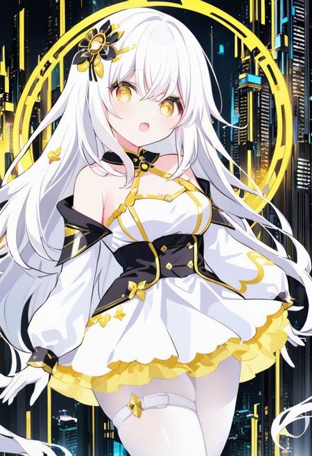 Best quality, masterpiece, sci-fi extremely dark abyss city, music, one girl with round pert breasts, majestic walk, hands on waist, adorable pure white long loose hair, simple hairpin, adorable smooth face, singing, open mouth, bright yellow eyes, detailed kawaii makeup, beautiful white dress with long sleeves and gloves, slim waist, very short miniskirt, white tights, thick clavicle, thick pelvis, thick hips, thick thighs, heels