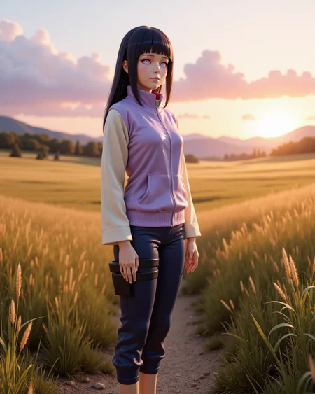 -looking at viewer, outdoors daylight, a 20 year old adult mature woman.
3d CGI Style,  side view photo of.
<lora:Naruto_-_Hinata_v2-000030:1> n-hinata, purple eyes, blunt bangs, black hair lavender and cream zip-up jacket, navy blue pants, black open-toed shinobi sandals, Konoha forehead protector
A woman stands in the middle of a serene meadow, watching the mist rise from the ground as the sun begins to peek over the distant hills.