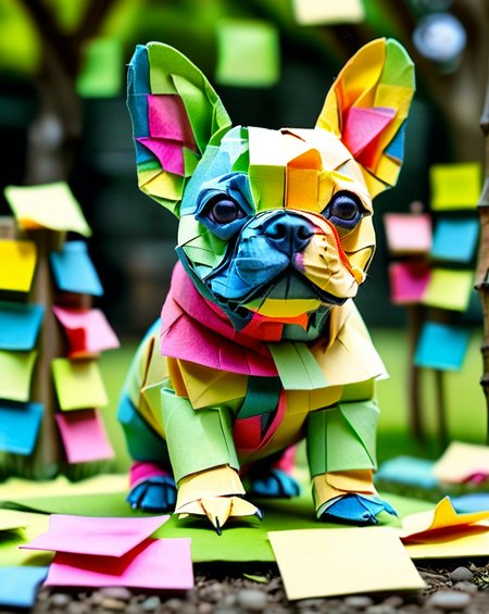 a colorful french bulldog puppy made out of Jed-StickyN, dynamic pose, dynamic angle, intricate details, ultra wide shot, zoomed out, shallow depth of field,
<lora:StickyNotesStyle:1>,  <lora:add-detail-xl:0.5>,  <lora:sd_xl_dpo_lora_v1:1>, set in a green dog park made of paper,  <lora:TQ_-_Fairy_Tale_Origami_Paintings:0.7>