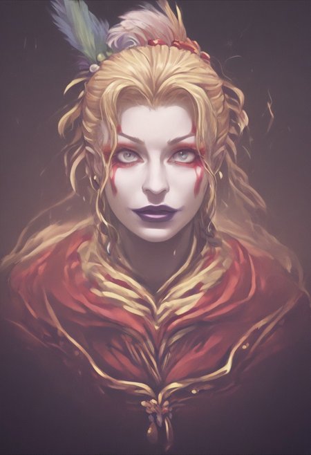 Life... dreams... hope... Where do they come from? And where do they go? Such meaningless things... I'll destroy them all!, SFW, rating_all, score_10, score_8_up, score_7_up, beautiful, realistic, detailed, perfect, quality, vector, flat colors, masterpiece, solo, kefka, clown, facepaint, blonde hair, lipstick, feathers, insane look, black silhouette, shadow of kefka