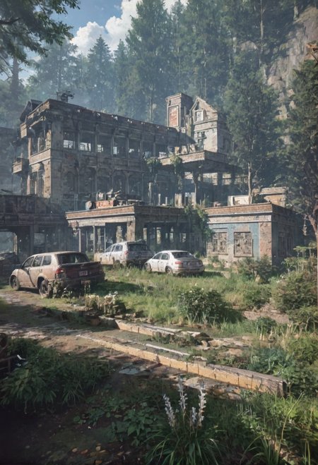 ,ruanyi0763,outdoors,tree,building,ruins,<lora:0763 post apocalypse_v1_pony:1>, score_9,score_8_up,score_7_up,,8k,1girl,solo,
