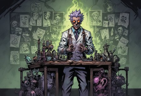 mad-mecharm, comicish artwork in dgst artstyle, Mad scientist, laboratory, (Manic laughter:1.7), crazy, Lightning, Experimenting, standing behind desk, (Purple:0.7), (green:0.7), (Glowing eyes:0.5), Whight hair,