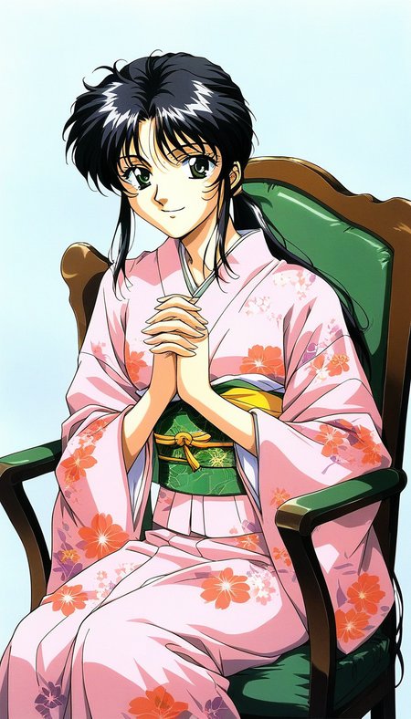 score_9, score_8_up, score_7_up, source_anime, rating_explicit, BREAK <lora:Tachibana_Yumi_XL:1> Tachibana_Yumi, black hair, long hair, green eyes, low ponytail, bangs, sidelocks, 1990s (style), 
japanese clothes, kimono, 1girl, sitting, smile, looking at viewer, sash, 1990s (style), retro artstyle, obi, solo, solo focus, chair, pink kimono, floral print, own hands together, black eyes, long sleeves