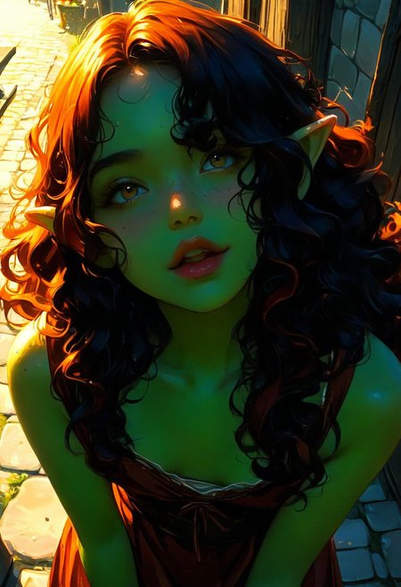 score_9, score_8_up, score_7_up, 1girl, goblin, short, dark green skin,  solo female focus, large pointed ears. skinny, wild red hair, long hair, loose curly hair, green skin, freckles, Freckled ass, beautiful yellow eyes, small breasts, brown loin cloth, cloth chest wrap. Pouting lips. Blushing, cute smile, expression. Looking up at viewer. View from above.  Winking,  blowing kiss,  holding up both hands to blow a kiss. 
Medieval town street. Bright sunny day