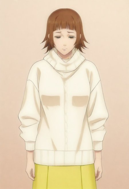 masterpiece, best quality, amazing quality,,, shiny skin,,,,,,,,yuozawa, brown_eyes, brown_hair, short_hair, blunt_bangs,, turtleneck, white_sweater, long_skirt, yellow_skirt,