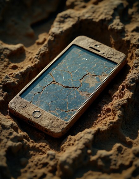 In a dramatic and awe-inspiring scene, a recently unearthed fossilized smartphone lies on a bed of ancient soil, its form perfectly preserved over millennia. The fossil, encased in a block of sedimentary rock, reveals intricate details that resemble the design of a modern smartphone. Its surface is covered in a layer of mineral deposits, evidence of centuries spent buried beneath the earth. The screen, though cracked and weathered, still shows faint traces of an interface, hinting at an advanced civilization that once existed. The discovery raises countless questions about the origins of technology and the history of human development. The scene is set in a dimly lit archaeological site, with scientists and researchers gathered around, their faces illuminated by the soft glow of the fossil. The air is thick with excitement and disbelief, as they marvel at this unprecedented find that bridges the gap between ancient times and modern technology.<lora:kodak_ultramax_400:1> <lora:aidmaMJ6.1_v0.5_3:1> ``