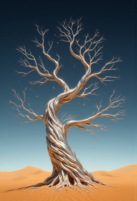 Improved cinematic photo, 35mm photograph, film, professional, 4k, highly detailed, aidmaMJ6.1,
A towering tree made of flowing liquid metal in the middle of a barren desert,
The tree’s trunk twists and bends like molten silver, reflecting its surroundings in shimmering, distorted patterns. Its branches stretch upward and outward, glistening in the harsh sunlight, with droplets of liquid metal occasionally dripping from the tips and vanishing before hitting the sand.
The desert around the tree is an endless expanse of golden dunes, with rippling shadows cast by the metallic branches. The sky is a stark gradient, transitioning from deep azure to blinding white near the horizon. Tiny sparks of light dance around the tree, as if it’s radiating energy, and a faint, almost magical hum seems to emanate from its core.
The scene is both surreal and serene, blending the organic structure of the tree with the cold, industrial texture of liquid metal, creating a striking juxtaposition that captivates the viewer.