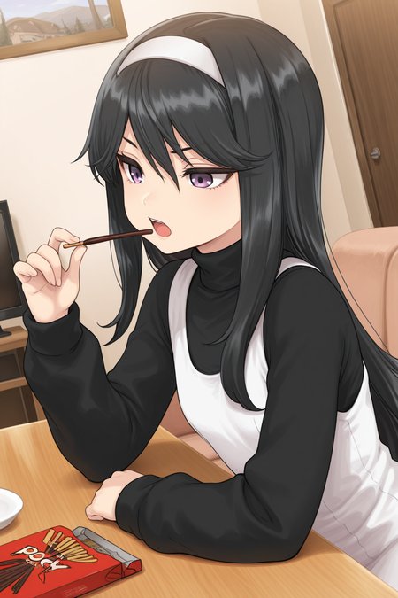1girl, SakoErikaDevilSummoner, 
general, solo, dutch angle, upper body,
long hair, straight hair, purple eyes,
white hairband,
white dress, turtleneck, black sleeves, long sleeves,
looking at food, sitting, open mouth, holding pocky,
indoors, living room, table, pocky,
<lora:kp_SakoErikaDevilSummonerIllustrious_v1_0:1.0>,
masterpiece, best quality, amazing quality