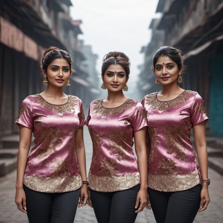 (full body shot) cute group of indian middle aged women wearing a Paisley prints  satin_teeshirt, Messy bun  hair style, hyperdetailed photography,4k textures,intricate details,4k resolution  dystopian city scene, ((dark cinematic still))   <lora:satin_teeshirt_v1:0.7>