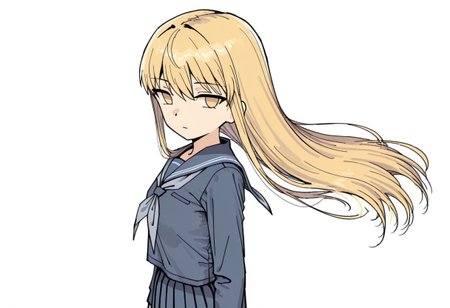 lazypos, girl focus, 1girl, solo, long hair, school uniform, simple background, white background, looking at viewer, grey neckerchief, arms at sides, skirt, long sleeves, shirt, yellow eyes, closed mouth, no pupils, from side, serafuku, blue skirt, upper body, sailor collar, blue shirt, looking to the side, pleated skirt, expressionless, floating hair, blonde hair, kaedeko, bms07sty