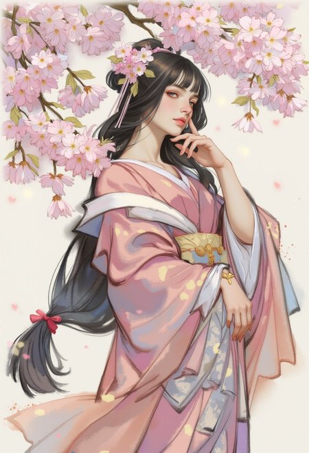 side portrait, shuimo, OBxiaoxiang, an elegant Japanese woman wearing a silk dress, long hair, bangs, sidelocks, serene expression, standing under sakura trees, blossoms falling gently in the breeze, dappled sunlight