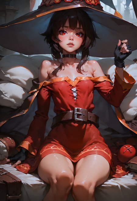 score_9, score_8_up, score_7_up,   Slim girl, tiny breasts, narrow waist, wide hips, skinny, tiny, miniscule, petite, small arms, small legs, small body,  megumin, bare shoulders, black gloves, black hair, blush, choker, collarbone, dress, fingerless gloves, gloves, hair between eyes, hat, long sleeves, medium hair, off-shoulder dress, off shoulder, red dress, red eyes, sidelocks, witch hat, 1girl, delicate and smooth skin, blush, perfect body, thighs, highly detailed, glossy lips,   <lora:Concept Art DarkSide Style LoRA_Pony XL v6:0.8> concept art,     <lora:GwentStyle_v2:0.6> gwentstyle   <lora:Expressive_H-000001:0.8> expressiveh