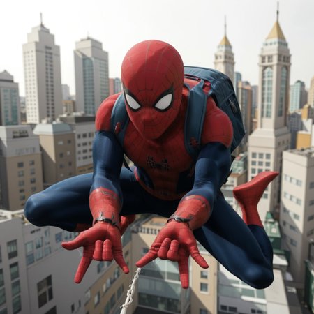 spider web, city, backpack, outdoors, white background, falling pose, spider-man, holding web, spider-man fingers, spider-man hands, twip, two fingers down, thumb out, solo