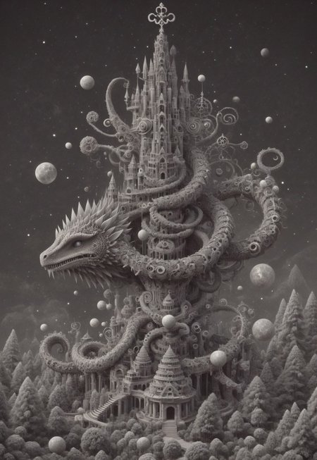 an intricate tower, mythical serpent wrapped around tower, (negative space, layer, sigils). orbs and moons, forging cluster astral keys, tetrahedral trees, (three planes),  stack, flower tiles, OverallDetail