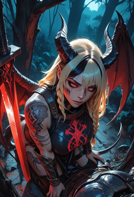 highres, very detailed, amazing quality, masterpiece,
very aesthetic,
particle effect,

1girl, Demon Queen, Warrior Queen, horns, wings, tail, long braided hair, Black hair, red eyes, perfect eyes, scars, scars on face, blonde highlights in hair, beautiful, Large breasts, perfect body, muscle tone, cross tattoo, tattoos, arm tattoo, leg tattoo, neck tattoo, piercings, armor, tabard, red and black tabard, armor plating, jewelery, enchanted armor, enchanted sword, engraved armor, greatsword, long sword, curvy, 

dark forest, foreshortening, night, at night, dark forest, dark, foggy, witchcraft symbols hanging from tree, symbols carved into trees, ritural markings, ominous, eerie,  

Kneeling on ground, submitting, submission, hands on knees, 

(From above:1.2, View from above:1.2, close up:1.2), 
