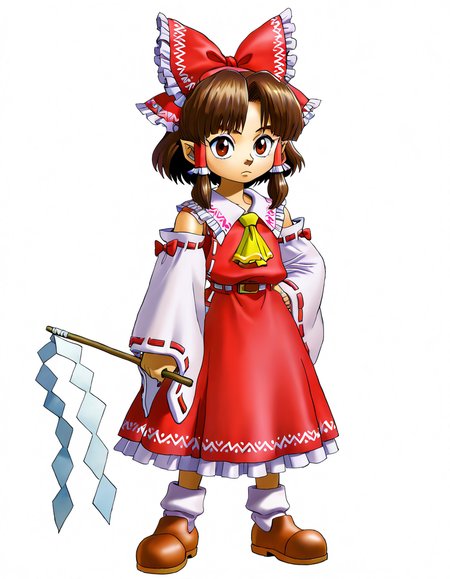 ootart, the legend of zelda: ocarina of time, official art, 1girl, hakurei reimu, holding gohei, white background, masterpiece, best quality, absurdres, <lora:ootart:1>