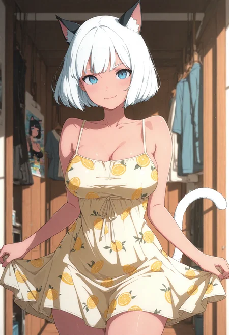 1girl, solo, c4tg1rl, blue eyes, white hair, short hair, (black ears), tail, white tail, cat tail, yellow summer dress, art print, smile, masterpiece, best quality