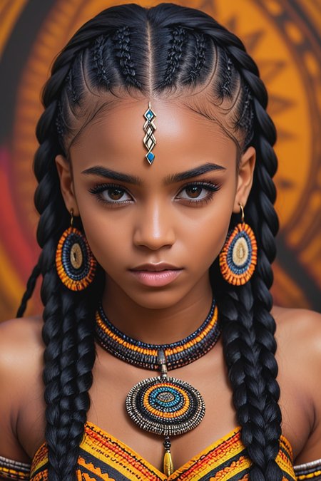 portrait,mesmerizing tribal girl,messy hair black,tantalizing eyes,realistic skin texture,jewelry,HD,(hyperdetailed long african multi braided dark hair),intricate cornrows,<lora:add-detail-xl:0.8>,electrifying,vivid colors,intricate background,<lora:helios666:0.3>,<lora:Braided_Sides_V6:0.4>,