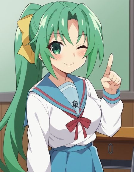 score_9, score_8_up, score_7_up, source_anime, <lora:mion-sonozaki-s4-ponyxl-lora-nochekaiser:1>, mion sonozaki, long hair, green eyes, ponytail, green hair, large breasts,, <lora:haruhi-suzumiya-cosplay-ponyxl-lora-nochekaiser:1>, haruhisuzumiyacosplay, suzumiya haruhi (cosplay), skirt, long sleeves, school uniform, serafuku, sailor collar, blue skirt, blue sailor collar, winter uniform, kita high school uniform,, classroom, one eye closed, pointing at viewer, smile, blush, , dutch angle, cowboy shot