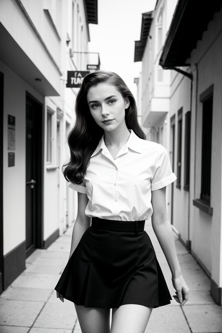 1950s America \(style\) photo of cute thin 21 year old jp-Irena, Brunette hair in ponytail, innocent gaze, short pleated skirt, white blouse, knee high socks, Suburban American street, Nikon S2 with 50mm f/1.4, 1/60s, ISO 100, Kodak Tri-X
