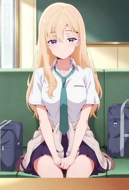 masterpiece,best quality, Super Detail, highest quality,amazing quality, ayase saki, blonde hair, purple eyes, 1girl, solo, school bag, clothes around waist, necktie, school uniform, bag, sitting, long hair, table, couch, indoors