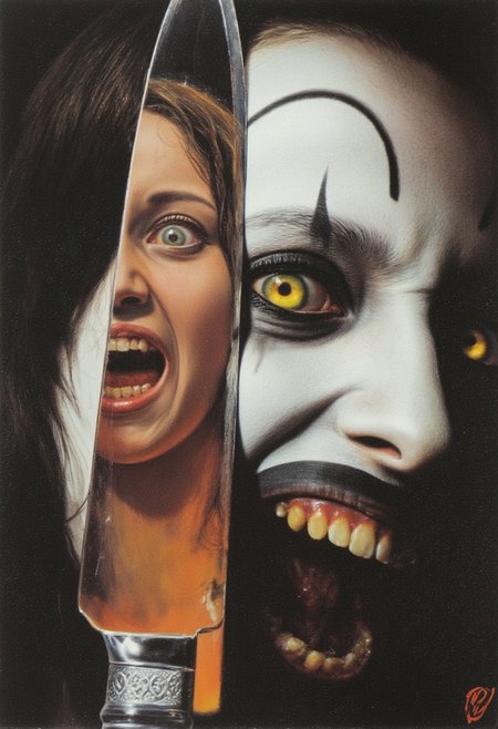 frank frazetta fantasy  oil painting of closeup on face and mouth of A terrifying creepy 21 year old female clown character with white face paint and extremely pale skin, exaggerated black lines for eyebrows and eyes, demonic glowing yellow eyes, and a sinister wide smile with dark, decayed teeth. Holding up a sharp bloody knife straight up in front of her left eye, the reflection in the knife shows the reflection of a very scared terrified young woman screaming and crying