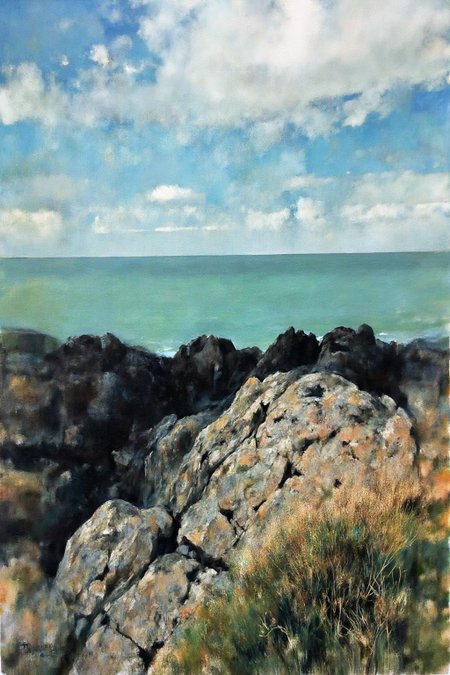 painting. 
A rocky shoreline is in the foreground with vegetation on the rocks. The sea is deep blue and green, and the sky is filled with various types of clouds. The horizon is visible in the distance.
 <lora:billbate1_cap_d8a4e12:1.0><lora:852814049501566263:0>