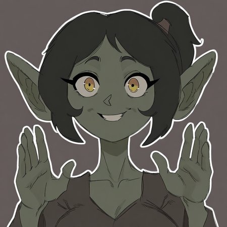 masterpiece, best quality, good anatomy, detailed face, detailed eyes, 5 fingers, solo, 1girl, Edda_(Undergroundj), goblin, yellow eyes, ponytail, green skin, pointy ears, brown shirt, front view, looking at viewer, simple background, character concept, clothed, smile upper body portrait,