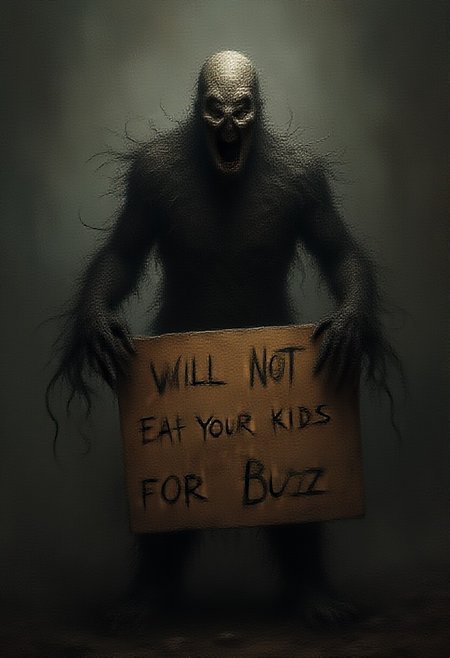 imagine the boogeyman and he's got a sign that says "WILL NOT EAT YOUR KIDS FOR BUZZ"