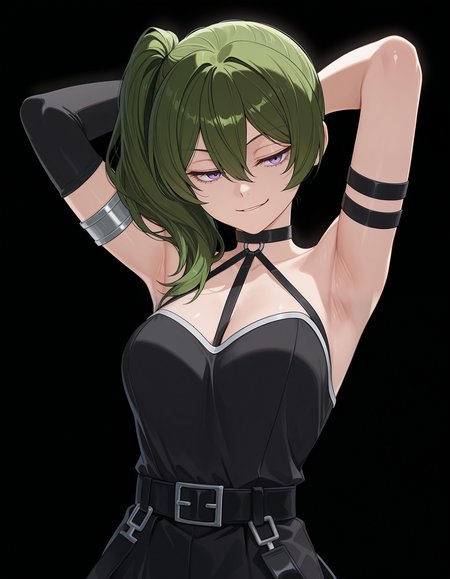 <lora:Ubel v2 Illu:1>1girl, solo,
ub3l, green hair, purple eyes, long hair, side ponytail, hair between eyes,
ub3ldefault, single elbow glove, arm strap, black belt, short black dress, suspenders hanging, thigh strap, o-ring choker, armlet, 
upper body, arms behind head, armpits, smirk, 
simple background, black background