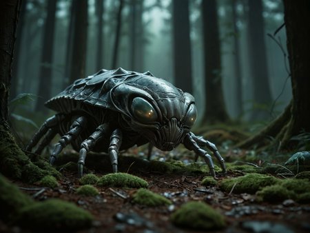 award winning photo, 

3d, night,

a mysterious carapace, alien and threatening, lying in a dark and malevolent forest,