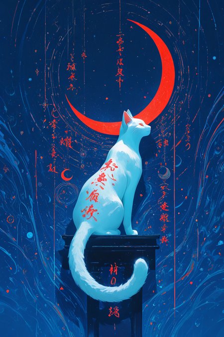 Official Art, Unity 8K Wallpaper, Extreme Detailed, Beautiful and Aesthetic, Masterpiece, Top Quality, perfect anatomy, a beautifully drawn (((ink illustration))) depicting, integrating elements of calligraphy, vintage, RED and green accents, watercolor painting, concept art, (best illustration), (best shadow), Analog Color Theme, vivid colours, contrast, smooth, sharp focus, scenery, 1girl, sitting, no humans, profile, animal, moon, cat, crescent, crescent moon, abstract, white cat, blue theme, more detail XL,(Pencil_Sketch:1.2, messy lines