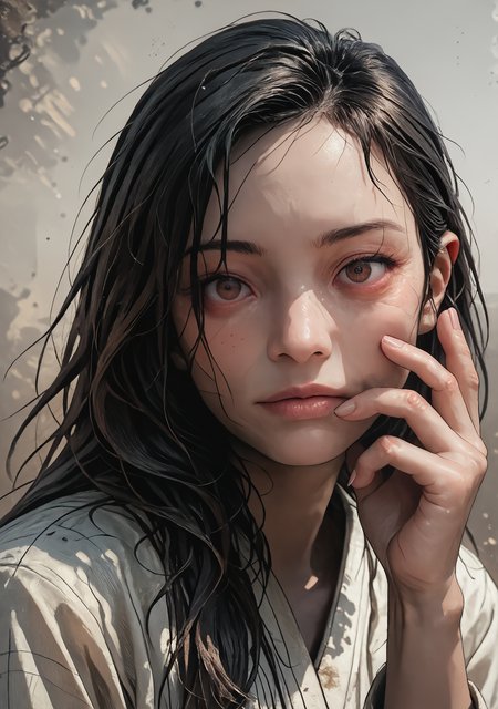 score_8_up, score_7_up, asian woman, slanted eyes, detailed iris, dark brown eyes, black hair, highly detailed face, touch her own cheek,  five fingers per hand, detailed fingers, perfect hand, perfect contrasts, detailed nails, natural background, sharp lines