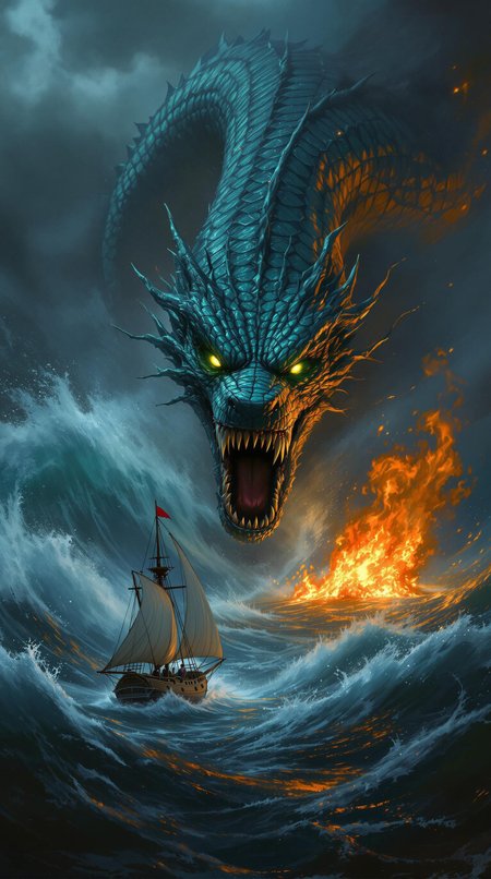 Highly detailed and dramatic digital artwork featuring a dramatic scene at sea. The layout is dynamic, with a massive sea serpent emerging from turbulent waters, its scales glistening in shades of blue and green. The creature's eyes glow ominously, and its mouth is open wide, revealing sharp teeth. In the foreground, a small sailing ship is dwarfed by the serpent, its sails billowing in the stormy wind. The background features a fiery explosion on the water, casting an orange glow against the dark, stormy sky. The overall color palette is a mix of dark blues, grays, and fiery oranges, creating a sense of tension and danger. The image is highly detailed, with realistic textures on the serpent's scales and the churning sea, enhancing the sense of realism in this fantastical scene.