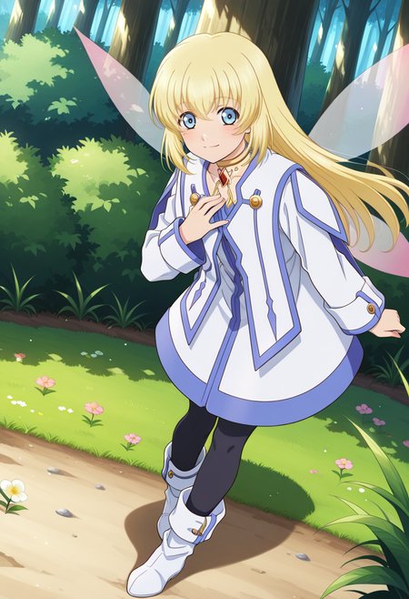 forest, flowers, 
BREAK,
light smile, hand on chest,
full body, dynamic angle,
BREAK,
<lora:coletteXL_illustriousXL_v01:0.9>
fairy wings, pantyhose, wings, transparent wings, pink wings, 
colettedef, blonde hair, blue eyes, long hair, hair between eyes,
choker, red gemstone, chest jewel, collarbone,
blue trim, white robe, white footwears, black pantyhose,, source_anime, very aesthetic, anime coloring, masterpiece, 
best quality, amazing quality, ultra detailed, very aesthetic, 
detailed background, 
BREAK,