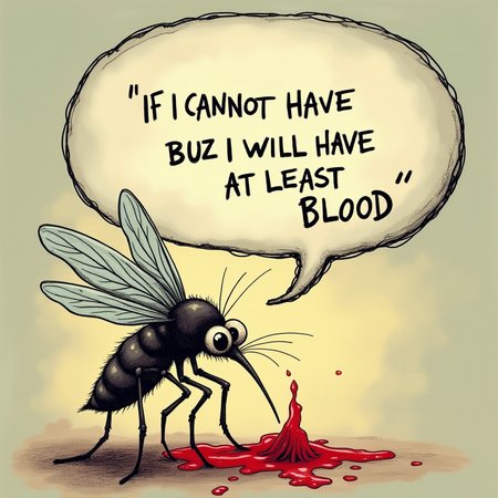 funny mosquito sucking blood , speechbubble saying ' If i cannot have buzz then I will have at least blood'