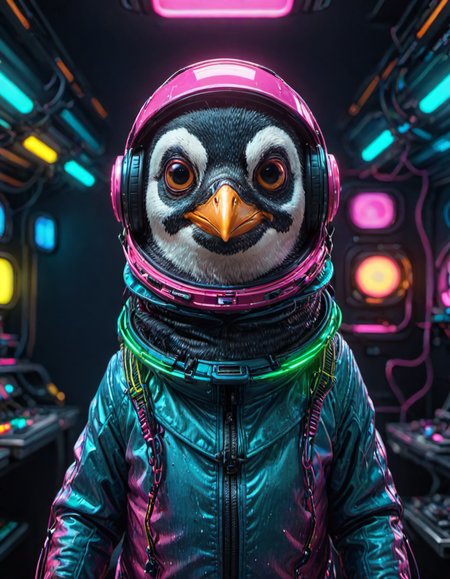 (ombre color scheme of neon pink, neon blue, neon green, neon yellow, neon yellow-red) (in the style of Zdzislaw Beksinski:1.2) (cute:1.25) (anime penguin:1.75) wearing a space helmet sitting at command chair with the lights of the consoles behind, in the style of sci - fi environments, glo - fi, aesthetic, comic, beeple, space background <lora:another-bored-particle:0.55>  <lora:add-detail-XL:0.65>, subsurface scattering, ultra hd, 4k, high def, Photorealistic, Hyperrealistic, Hyper detailed, analog style, realistic, masterpiece, best quality, ultra realistic, 8k, Intricate, High Detail, film photography, soft lighting,  heavy shadow