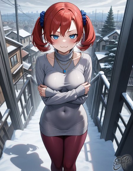 N0k14, twintails, red hair, 1girl, necklace, blue eyes, hair ornament, medium breasts, short twintails, hair scrunchie, long sleeves, dress, pantyhose, puffy sleeves, sweater, black pantyhose, sleeves past wrists, covered navel, turtleneck, puffy long sleeves, turtleneck sweater, white sweater, taut clothes, tight clothes, grey sweater, sweater dress, purple pantyhose, red pantyhose, 1girl, simple background, white background, looking at viewer, blush, closed mouth, standing, collarbone, thighs, groin, :3, from above, crossed arms, covering privates, legs together, covering breasts, smug, arms under breasts, outdoors, sky, day, cloud, water, tree, no humans, window, shadow, ocean, cloudy sky, plant, building, scenery, motor vehicle, snow, snowing, stairs, city, sign, fence, railing, car, road, cityscape, watercraft, house, winter, bridge, lamppost, power lines, street, river, utility pole, boat, road sign, grey sky, town, balcony, truck, overcast, real world location, masterpiece, best quality, amazing quality, very aesthetic, newest, scenery, uncensored,