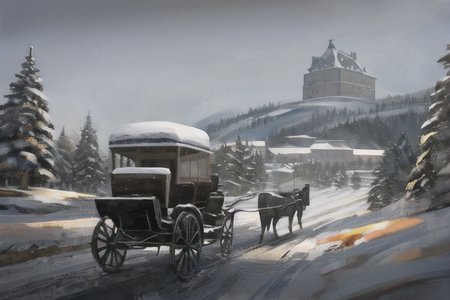 a painting of a horse drawn carriage on a snowy road with a castle in the background and people on the side