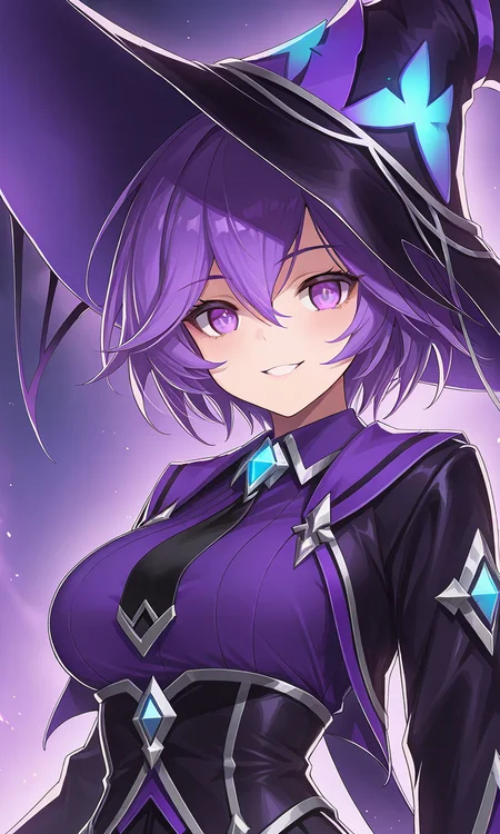 best quality, masterpiece, amazing quality, 1girl, solo, (upper body:1.5), Phantom Warlock, black witch hat, purple eyes, purple hair, short hair, black footwear, black skirt, torn thighhighs, purple shirt, looking at viewer, evil grin, 