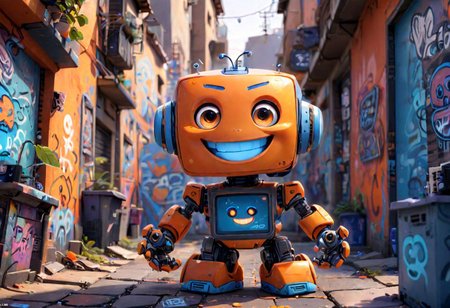 a orange [and blue] chibi robot, with a PC screen as head, smile, outside street, graffiti walls, sprays,