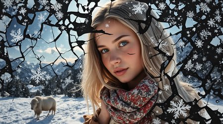 high definition  white on white  cracked mirror pieces snowflakes layered exploding poster in cracked mirror pieces  on the black  background professional  postcard, landscape,  many  parts in one art,  photography painting on canvas luminism  ,   close up  beautiful ransparent girl portrait looking at camera snow mountains, yaks caravan , aurora borealis,  lights and shadows intricated play dynamic movement Kuindzhi Rockwell,  expressive brushstrokes mixed with wash masterpiece , transparence intricated lighting, dynamic shadow play high deepness cinematic hyperrealistic texture  vintage airy